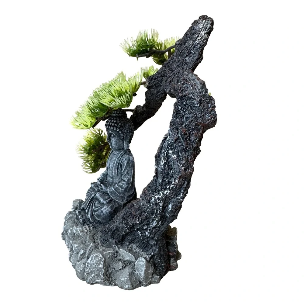 Buddha Statue with Bonsai Tree Aquarium Ornament Resin Zen Decor 8 Inch